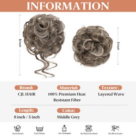 CJL HAIR 2PCS Messy Bun Hair Pieces Wavy Curly Synthetic Updo Chignon Fake Scrunchies Ponytail Extension for Women Middle Grey