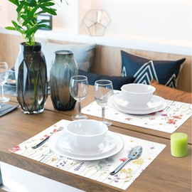 Placemats Set of 8, Spring Summer Floral Non Slip Heat Resistant Linen Fabric Cotton Cloth Place Mats, White Square Washable Holiday Party Dining Table Mat for Rustic Farmhouse Home Kitchen Decor