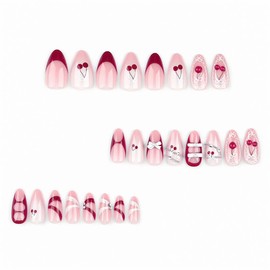 BAOYAALIN Press on Nails Medium Almond Shaped French Red Fake Nails with Cherry Rhinestones Design Full Cover Press ons Artificial Acrylic False Stick on Nail for Women Manicure 24Pcs