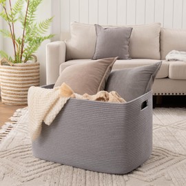 OIAHOMY 118L Cotton Rope Storage Basket, Oversized Blanket Basket, Living Room, Bathroom, Nursery, Bedroom Dirty Clothes Basket, Toy Storage Basket with Handles, 25" x 17" x 16", Grey