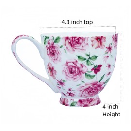YUESITE 16oz Bone China Coffee Mugs for Women Mugs Flora Coffee Tea Cups Novetly Coffee Cups Gift for Women Mom Friends (White rose)