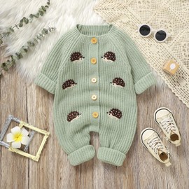 Thilsidee Infant Baby Boy Girl Embroidery Hedgehog Knitted Sweater Romper Long Sleeve Button Jumpsuit Warm Winter Clothes (A-Green, 3-6 Months)