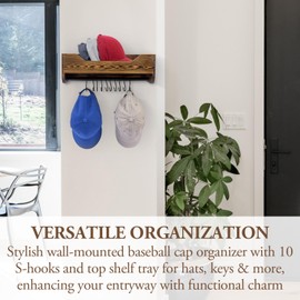 MyGift Wall Mounted Baseball Cap Storage Organizer, Urban Industrial Burnt Solid Wood and Black Metal Hanging Hat Rack with 10 S-Hook Hanger, Top Entryway Shelf Tray