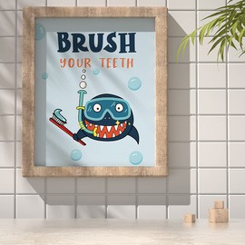 Funny Shark Bathroom Decor Rules, Novelty Sea Critters Bathroom Rules Wall Art for Kids, Girls Boys, Nursery, Wash Brush Flush Wall Art Prints, 4set 8”X10” Unframed