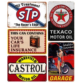 Vintage Metal Tin Signs for Garage & Man Cave - Retro Car, Oil & Gas Posters - Rustic Bar Decor (5pcs, 20x30cm) - Durable & Easy to Hang