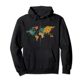 Mountains Scene and Compass Rose World Map Mandala Pullover Hoodie