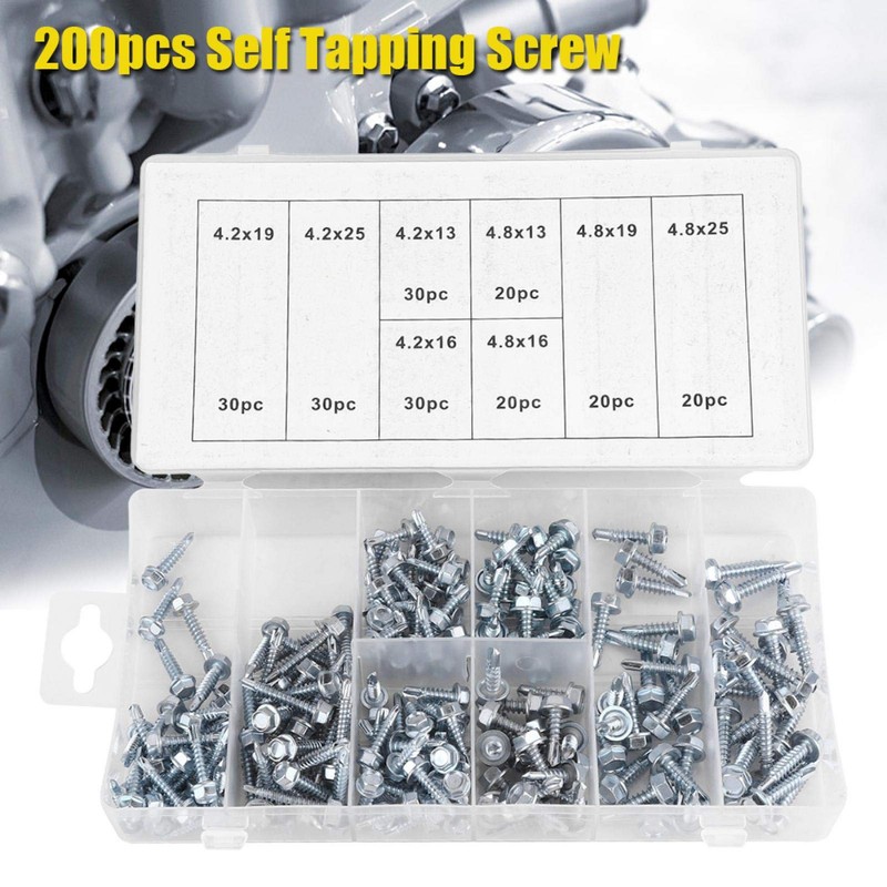 200pcs Self Tapping Screw, Metal Self Tapping Drill Screws Assortment