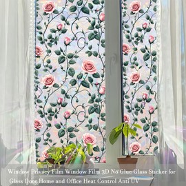 HFhyxin Flowers Window Privacy Film Window Film 3D No Glue Glass Clings for Glass Door Home and Office Heat Control Anti UV 17.7" x 43.3"
