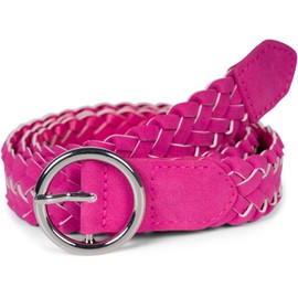 styleBREAKER Ladies Braided Belt with Round Buckle, Faux Leather Unicoloured, Narrow Waist Belt, One Size Belt 03010125, Colour:Pink-Silver, size:110cm