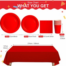 69pcs Red Disposable Tableware Set - 20 Napkins, 16 Cups, 16pcs 7inch and 9inch Plates, 1pcs Red Tablecloths | Biodegradable Dinnerware for Birthdays, Weddings, Kids Adult Christmas Party