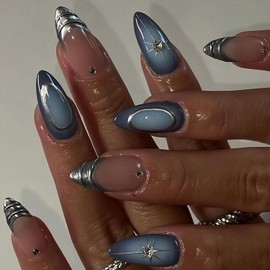24Pcs Almond Press on Nails Short Fake Nails with Star Designs Gradient Blue Acrylic Nail Silver French Tip Glue on Nail with Rhinestones Metallic Style 3D Nails Press ons False Nails for Women