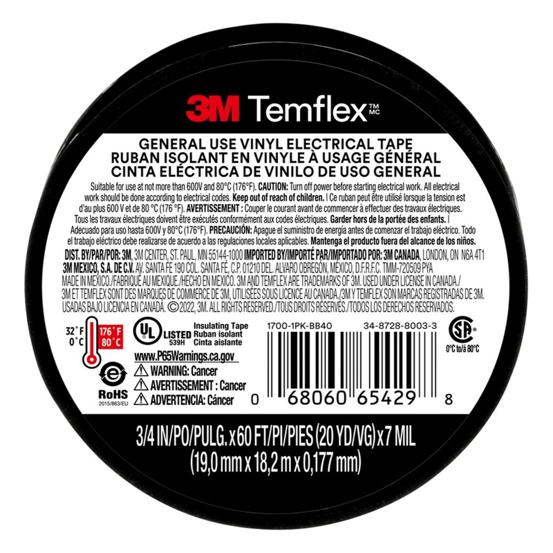 3M Temflex Vinyl Electrical Tape, 1700, 3/4 in x 60