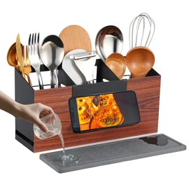 Yi Cheng Large Utensil Holder for Kitchen Counter with Angled Compartments Steel Frame Organizer, Faux Wood Grain & Diatomite Drying Base + Bonus Phone Stand, Matte Black (11.4" x 3.5" x 6.3")