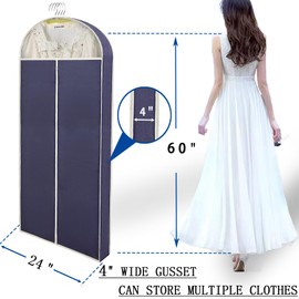 60" Garment Bags for Hanging Clothes (3-Pack). Perfect for wardrobe storage, the suit bag with 4-inch gussets is perfect for storing long coats, dresses, maxi skirts, dance wear, and wedding dresses.