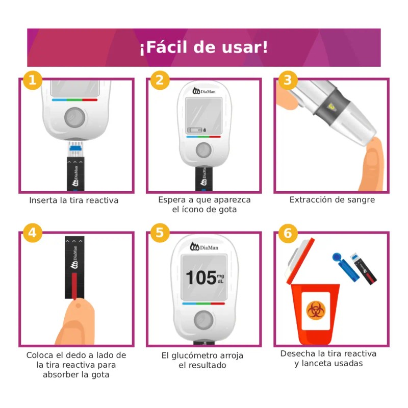 Glucómetro Smart DiaMan DMGM02-03 + Kit 50 tiras y 10