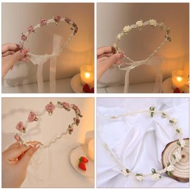 JOZMMZEOOA Rose Flower Wreath Hair Band, 2 Pieces Beads Hair Accessories, Pink Beige Flowers Headpiece, Women's Headband, Dirndl Small Roses Flowers Headpiece, for Parties, Festivals, Weddings, Travel