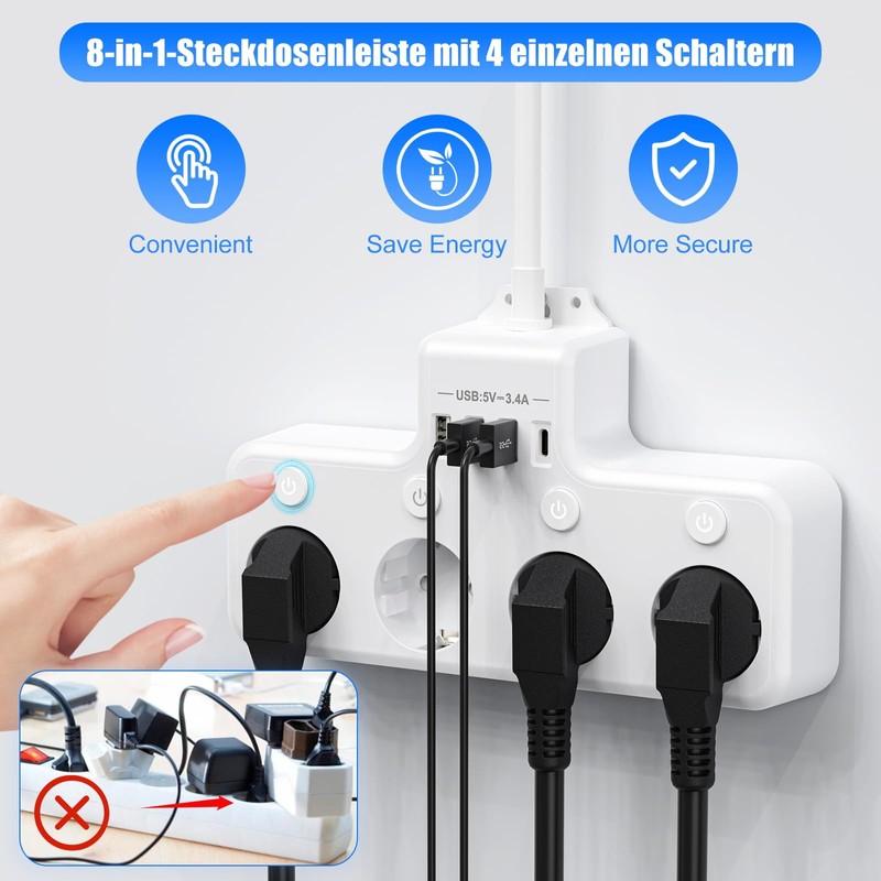 Power Strip with USB C 4-Way Power Strip Individually Switchable
