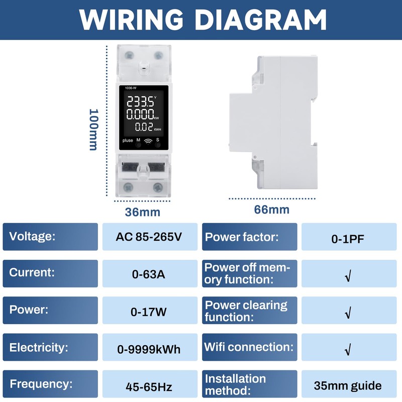 DEWIN Electricity Meter, DIN Rail, WiFi Smart Electricity Meter, LCD