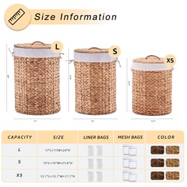 Round Water Hyacinth Laundry Hamper with Lid Handwoven Wicker Basket with Handles for Dirty Clothes, Storage, and Organization Ideal for Bedroom, Bathroom, and Laundry Room, No Assembly Required, 90L