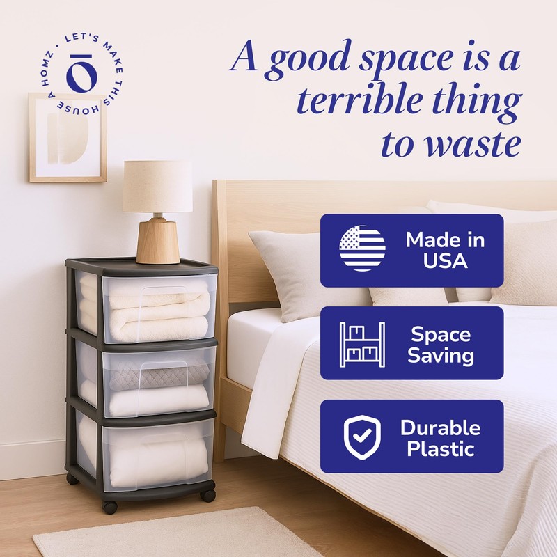 HOMZ Drawer Tower, 3-Tier Clear Plastic Storage Organizer Cart, Black