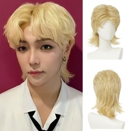 Amnenl Blonde Mullet Wig Mens Middle Part Short Hair Wig 80s Shoulder Length Layered Synthetic Shaggy Wigs for Cosplay Rocker Daily Use