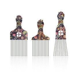 Steel Needle Afro Pick Comb Set, 3 Pack with K2 K3 K4 Patterns