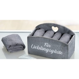 GILDE 4 Guest Towels in Wooden Box, Grey, Favourite Guests as a Gift, in Holiday Homes