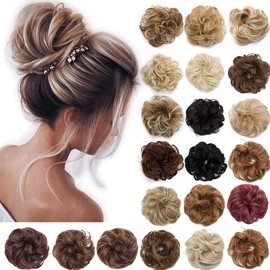 S-noilite Hair Bun Extensions Messy Wavy Curly 2 Pieces Dish Donut Scrunchie Hairpiece Accessories Chignons Updo Ponytail Pony Tail Synthetic Hair Extension for Women Girl -2 Piece 60G Light Auburn mix Brown