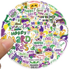 Yoksas 50Pcs Mardi Gras Carnival Stickers - Waterproof Vinyl Carnival Decals for Water Bottles,Laptops,Scrapbooks,Guitar,Carnival Supplies