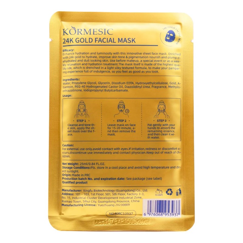 Paq. 5 Mascarillas Faciales Con Oro 24k Y Acido Hialurónico