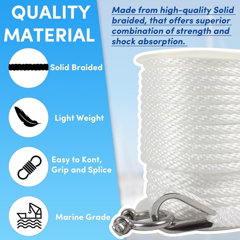 Premium Anchor Rope 150 ft x 3/8 inch, Solid Braid