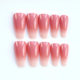 24Pcs Press On Nails Long Fake Nails, Pink Ombre Coffin Full Cover Acrylic Gel Nails, Reusable False Nail Kit Glue on Nails DIY Stick on Nails for Women with Nail Glue Adhesive Tabs