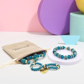 Beljeley Blue Stackable Bracelets for Women, Trendy Heart Charm Western Boho Jewelry Mothers Gifts Beaded Stack Stretch Bead Crystal Bracelet Set Birthday Gifts