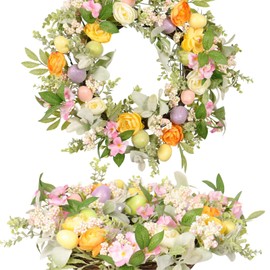 Zhemobang Easter Wreath 20IN with Daisy Flowers, Eggs, Silk Polyester, Front Door Easter Wreath, Spring Décor