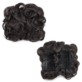 Benehair Messy Bun Hair Piece with Combs Clip in Bun Scrunchie Juva Bun Dish Fluffy Wavy Hair Updo Easy Stretch Big Chignon Short Ponytail Hairpiece for Women Brownish Black 90g