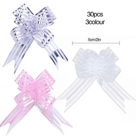 Pull Bows 50mm 30 Packs Large Organza Pulled Bow for Gift Wrapping Wedding Car Decoration Christmas Flower Gift Wrapping Pull Bow with Ribbon for Wedding Gift Baskets Silver Pink White