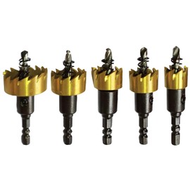 High Speed Steel Drill Bit Hole Saw Set 5PCS, Titanium-Plated Pilot Drill Bits, Hole Saw Cutter Tooth Carbide Tip with Hex Shank for Thin Metal, Stainless Steel, Iron, Plastic (5/8"~1-3/16")