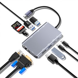 USB C Hub, Type-C 10 Ports, [4K Compatible HDMI Port, VGA Port, LAN Port, PD Rapid Charging Port, USB-C 3.0 Port, USB3.0 Port, MicroSD & SD Card Slot] 4 Screen Expansion Hub, Compatible with MacBook