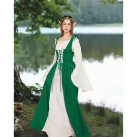 Verceco Renaissance Dress Medieval Costume Dress for Women with Flower Crown Elf Ears Renaissance Fairy Costume for Women Girls (Green, M)