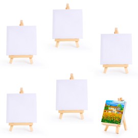 Pack of 5 Mini Canvas with Easel, Mini Easel Wood with Canvas Set, 10 x 10 cm Canvas with 15 x 8 cm Easel, Small Wooden Triangle, for Drawing, Display Photos, Poster Photo Memo, Painting Crafts