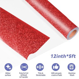 Glitter Heat Transfer Vinyl, 12" x 5ft Glitter HTV Vinyl Roll, Glitter Iron on Vinyl for Cameo and Heat Press (Glitter Red, 12" x5ft)