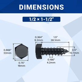 1/2 x 1-1/2" Black Hex Head Lag Screws Bolts (8 pcs), 304 Stainless Steel 18/8, Black Oxide Coated, Full Thread, Deck Screws, Heavy Duty Hex Head Wood Lag Screws, Fayeploo