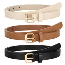 JASGOOD 3 Pack Women Skinny Leather Belt for Jeans Pants Ladies Thin Waist Belt with Gold Buckle,Black+Brown+Beige