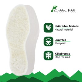 GreenFeet Real Lambskin Insoles Natural Size 36-46 with Free 5H Heat Booster Women Men Warm Feet Sustainable Heat Soles Winter Soles Greenland Fur with Bonded Leather Base