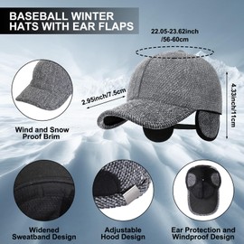 Geyoga 3 Pcs Winter Warm Set for Men Hat Scarf and Gloves Set 56-60cm Baseball Winter Hats with Ear Flaps Touchscreen Gloves Neck Scarf for Men Hiking Skating Dark Gray