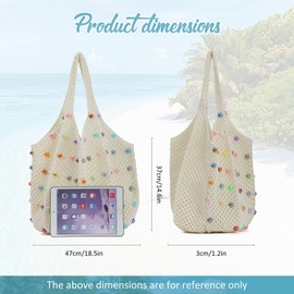 Fecialy Boho Crochet Beach Tote Bag with Colored Beads Summer Knit Shoulder Bag Woven Casual Organizer Handbag
