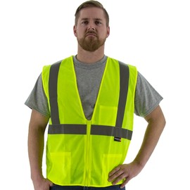 Majestic High Visibility Mesh Vest SM - Hiviz Yellow Safety Vest ANSI/ISEA Class 2, Type R Standard, 3 Inside Pockets, Mic Tab, Zipper Front Closure, 2" Reflective Strips 75-3201