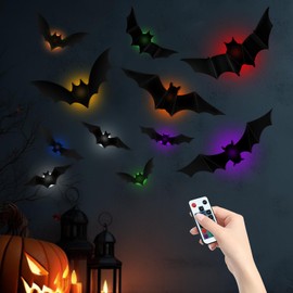 SoulBay 48 Pcs Halloween Decor Bats Wall Stickers - 12pcs Small LED Tea Lights with Remote Timer, 10 Sizes Lighted 3D Realistic Thickened PVC Bat Sticker for Indoor Home Window Party Supplies