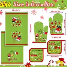 Jingmore 6 Pcs Christmas Kitchen Towels Pot Holders and Oven Mitts Set Green Merry Christmas Dish Towel Absorbent Soft Pumpkin Pot Holders for Xmas Cooking Baking Grilling Supply