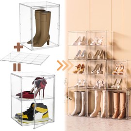 Attelite XXX-Large Clear Display Case Stackable Plastic Storage Bins with Lid, 2 Tiers Boot Shoe Box Organizers with an Adjustable Divider, Big Acrylic Display Storage Box with Magnetic Door